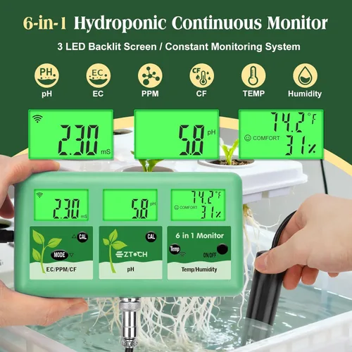 Miniatura 2 de Monitor continuo de pH EC para hidropónico, medidor de pH EC PPM WiFi 6 en 1, probador digital de pH TDS temperatura humedad para sistema