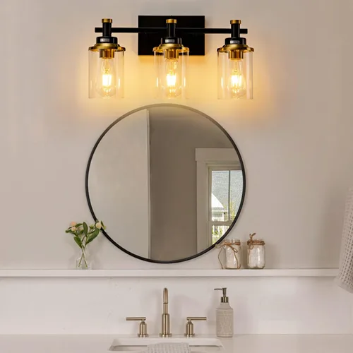 Miniatura 6 de Accesorios de Luz de Baño de 3 Luces, Accesorio de Luz de Tocador Negro y Dorado Cepillado Sobre Espejo, Apliques de Pared Modernos Iluminación
