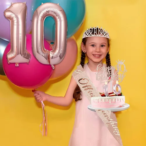 Miniatura 5 de Decoraciones de cumpleaños de 10 años para niña, banda y corona de cumpleaños de 10 años, adorno para pastel, velas numeradas y globos, regalos