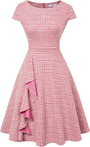 JASAMBAC Vestidos de trabajo de verano para mujer, estilo vintage de los años 50, acampanados, vestido de tweed, vestido midi para iglesia, trajes
