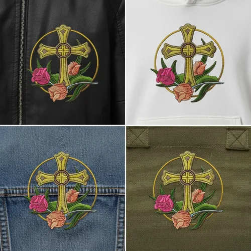 Miniatura 7 de [Personalizado] Santa Cruz Sagrada con Recompensa de la Naturaleza [Cruz y Tulipán] Bordado Hierro/Coser Parche [5" x 5.15"][Hecho en Estados Unidos]