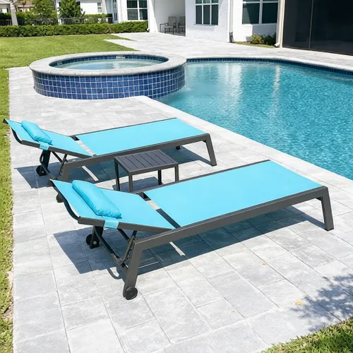 Miniatura 28 de PURPLE LEAF Juego de sillas de lounge al aire libre de gran tamaño de 3 piezas para patio, tumbona para piscina, estructura de aluminio con mesa