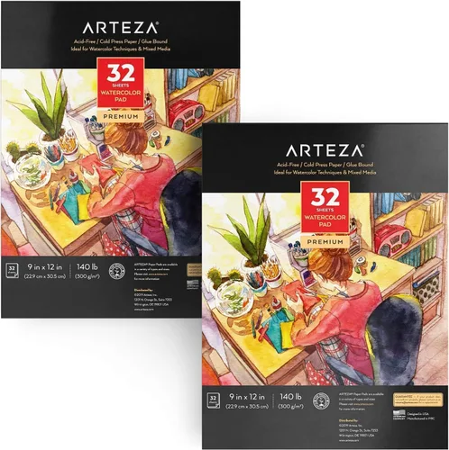 ARTEZA Papel de acuarela, paquete de 2, 32 hojas cada una, cuaderno de bocetos de acuarela de 9 x 12 pulgadas, 140 libras/300 gsm, prensa en frío,