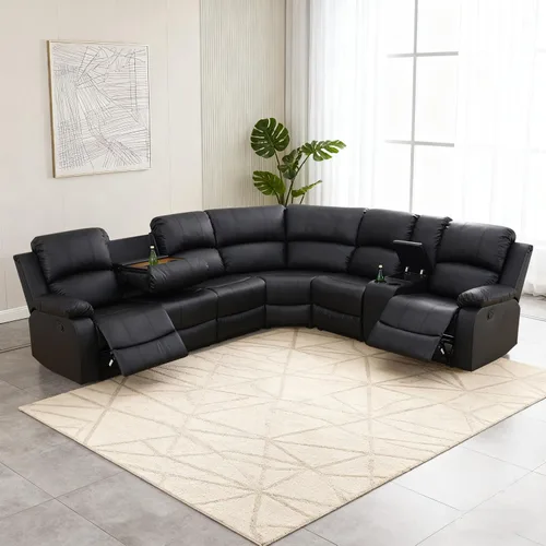 Juego de sofá modular reclinable manual para sala de estar, sofá reclinable en forma de L, seccional de cuero con portavasos/almacenamiento para