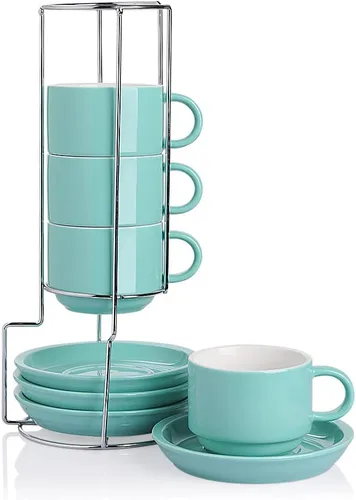 Miniatura 14 de Sweejar - Tazas de café de porcelana con platillos, tazas de capuchino apilables de 4 onzas con soporte de metal para bebidas de café, café