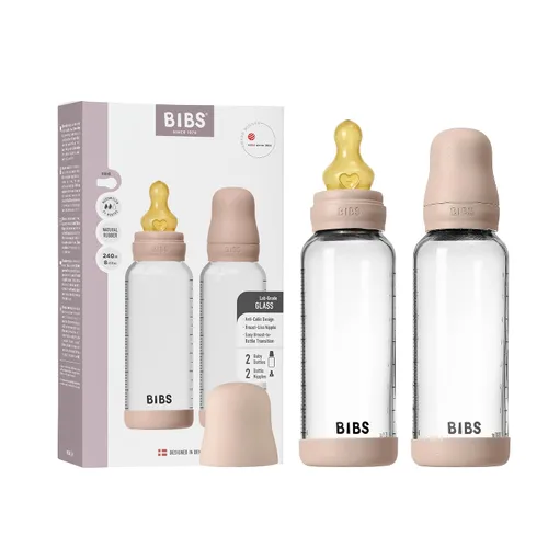 Miniatura 31 de BIBS Biberón de vidrio para bebé. Anticólico. Tetilla de látex de goma natural redonda. Respalda la lactancia natural, Juego completo - 225 ml, Azul
