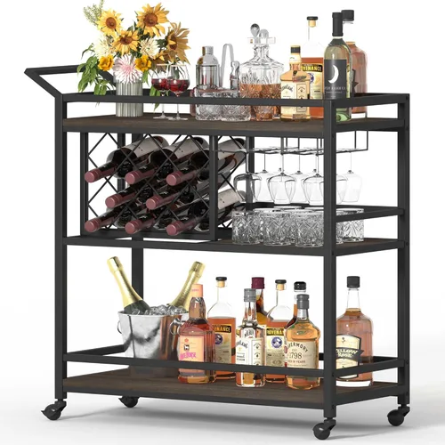Miniatura 10 de FATORRI Carrito de bar para el hogar, carritos de vino rodantes sobre ruedas con estantes de madera de 3 niveles, carrito de bebidas de licor