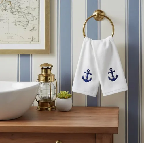 Miniatura 2 de Serafina Home Toallas de baño suaves y absorbentes para huéspedes: ancla azul náutica con diseño costero de cuerda gris plateada, 2 piezas de 12 "x