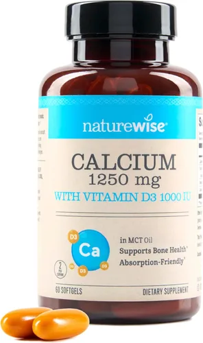 NatureWise Calcio totalmente natural de alta pureza de 1250 mg + vitamina D3 1000 IU + aceite de coco orgánico MCT, seguro para el embarazo + sin