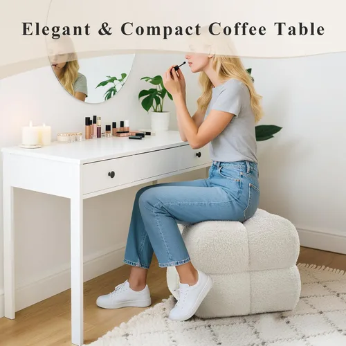 Miniatura 6 de Taburete otomano cuadrado, mesa de centro otomana Boucle con cobertura completa, taburete de tocador moderno, puf tapizado con reposapiés para Blanco