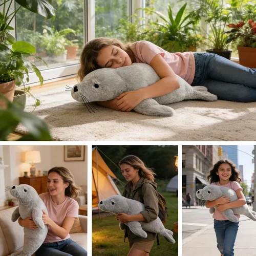 Miniatura 6 de CSVBTRF Animales de peluche con peso, 2 libras, 23 pulgadas, regalo de peluche de foca para niños - Animales de peluche de foca gris para abrazar