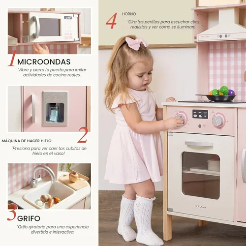 Miniatura 2 de Tiny Land Juego de cocina para niños, juego de cocina de madera para niños, juego de cocina de chef para niños pequeños con luces y sonidos reales