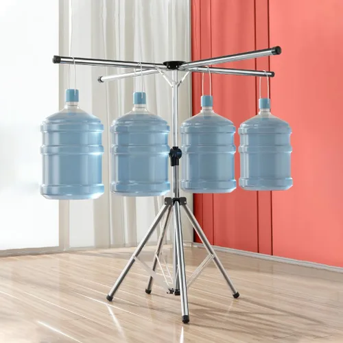 Miniatura 8 de BAOYOUNI Estante de secado de ropa plegable de acero inoxidable, soporte plegable para ropa, altura ajustable con rieles colgantes para balcón