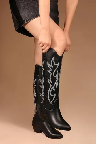 Miniatura 3 de Ouepiano Botas vaqueras para mujer, botas de vaquera con diamantes de imitación brillantes, punta de almendra, tacón bajo, meter, Westerm, a