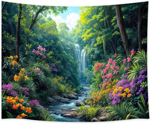 Miniatura 4 de Tapiz de cascada de bosque, flores de paisaje natural, tapices para colgar en la pared para hombres y niños, decoración de arte de pared, decoración