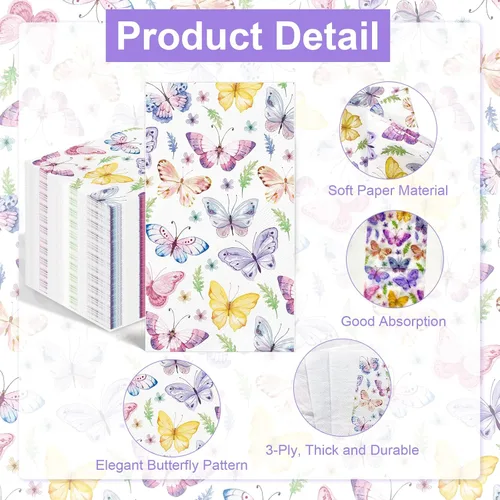 Miniatura 3 de 100 servilletas de papel de mariposa, toallas de mano desechables para baño, 3 capas, mariposas y flores coloridas, servilletas de invitados