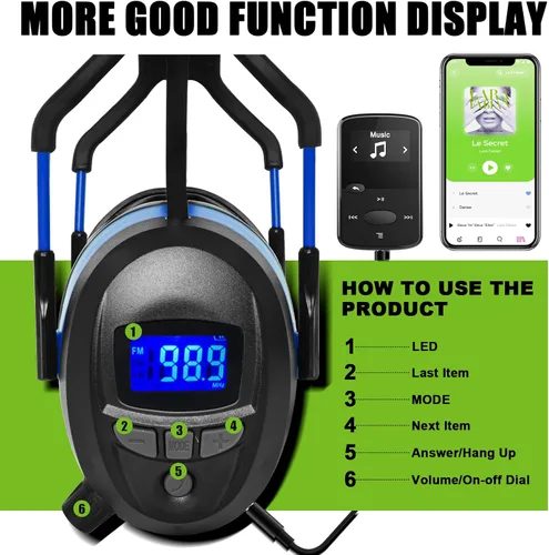 Miniatura 2 de Gardtech Protección auditiva con Bluetooth, orejeras de radio FM, NRR 29dB, auriculares de protección auditiva con cancelación de ruido con MP3