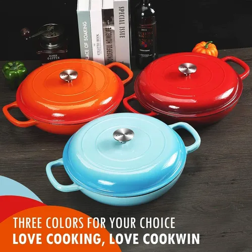 Miniatura 7 de Cacerola de hierro fundido COOKWIN, 3.8 QT, Sartén de hierro fundido con tapa y asas dobles, olla de superficie esmaltada de porcelana, Rojo