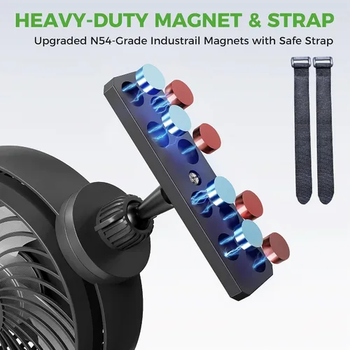 Miniatura 3 de 10L0L Ventilador magnético para carrito de golf recargable, 10000 mAh N54 Ventilador de enfriamiento portátil con 3 velocidades, cabezal giratorio