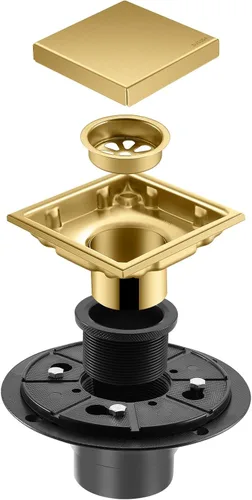 Miniatura 3 de Desagüe de suelo de ducha cuadrado cepillado oculto, dorado de 4 pulgadas, acero inoxidable 304, con brida, cubierta desmontable incrustada en Oro