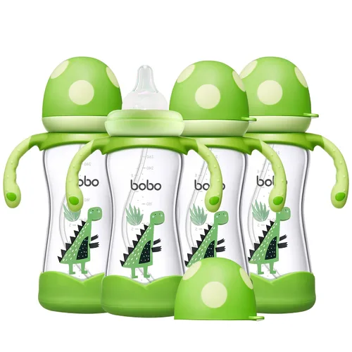 Miniatura 11 de YOHKOH Biberón de vidrio natural con pezón de respuesta natural, biberones de cuello ancho con asa, juego de biberones anticólicos para recién Verde