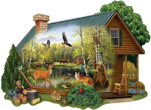Bits and Pieces Rompecabezas de 300 piezas para adultos - Cabaña en la naturaleza - Rompecabezas de animales del bosque por el artista Thomas Wood,