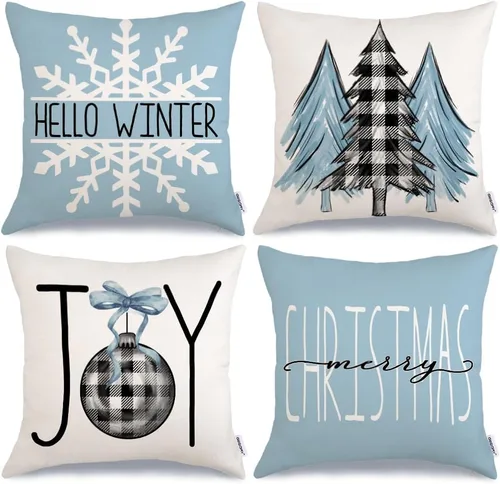 GEEORY Juego de 4 fundas de almohada de Navidad de 18 x 18 pulgadas para decoraciones de Navidad, árbol de Navidad, alegría, nieve, Navidad feliz,