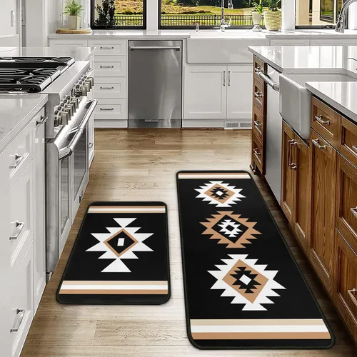 Miniatura 2 de Juego de 2 tapetes de cocina estilo bohemio para cocina, diseño azteca occidental, color negro, antideslizantes, lavables, para el suelo, 2 piezas