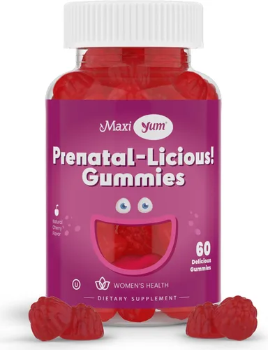 Maxi Health Gomitas prenatales orgánicas para mujer, gomitas prenatales con sabor a cereza kosher, vitaminas prenatales para mujeres con ácido