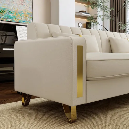 Miniatura 5 de Sofá de dos plazas para sala de estar, sofá de terciopelo beige de 86 pulgadas con 2 almohadas y patas de metal dorado, sofá tapizado moderno sofá