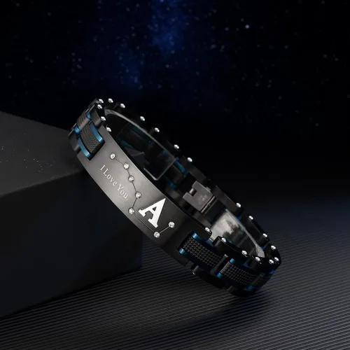 Miniatura 5 de Pulsera Zillaly para hombre, de acero inoxidable ion negro y azul, placa curva inicial, regalo para novio, marido, padre, viene con caja de regalo