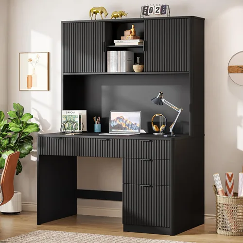 Miniatura 11 de Escritorio ejecutivo Farmhouse de 67" de altura con estante superior, escritorio de oficina con 4 cajones y luz LED, mesa de computadora con Gris