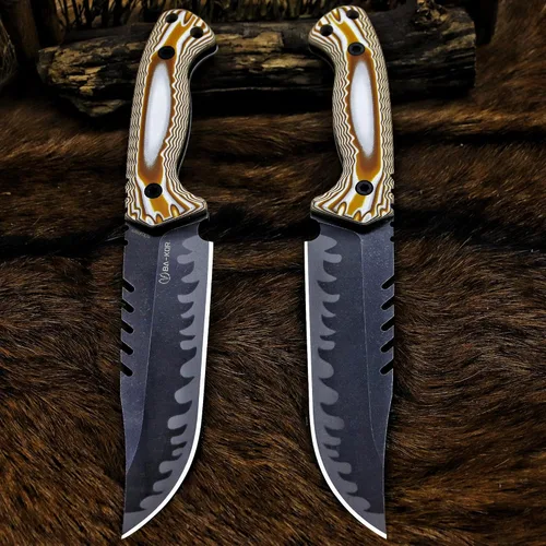 Miniatura 8 de BA-KOR Cuchillo de caza de hoja fija de tang completo de 12.4 pulgadas – acero 9CR18MoV de 6mm, mango G10, hoja de sierra dentada lavada a la piedra