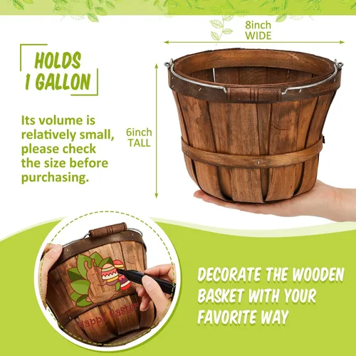Miniatura 2 de Marsui 1 cesta redonda de madera para manzana, pequeño bushel con asas para regalos, cesta vacía, cubos de frutas para recoger fresas, flores
