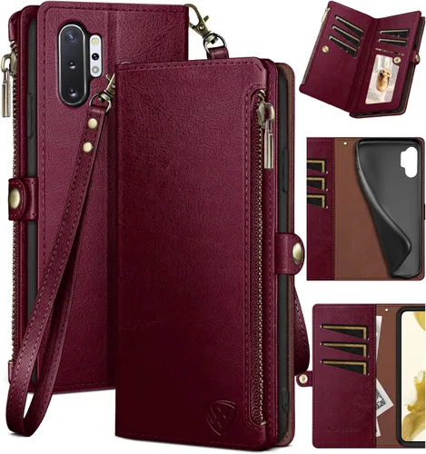 Miniatura 15 de XcaseBar Funda tipo cartera para Samsung Galaxy Note 10 Plus con cremallera y tarjetero de crédito con bloqueo RFID, funda de piel sintética
