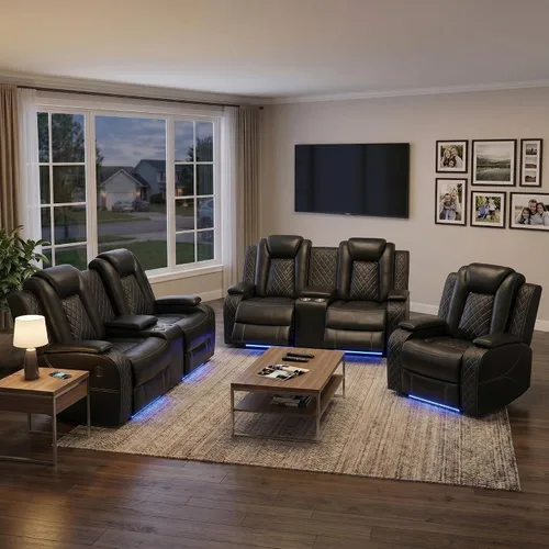 Miniatura 12 de Juego de sofá reclinable eléctrico de cuero de 3 piezas para sala de estar con puertos USB, iluminación ambiental LED y consola de almacenamiento
