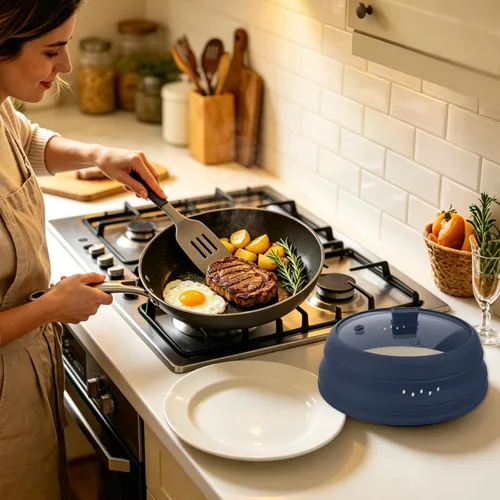 Miniatura 8 de Tapa protectora contra salpicaduras de microondas con protector de vidrio y silicona plegable para platos y ollas de 9.8 pulgadas, color azul oscuro
