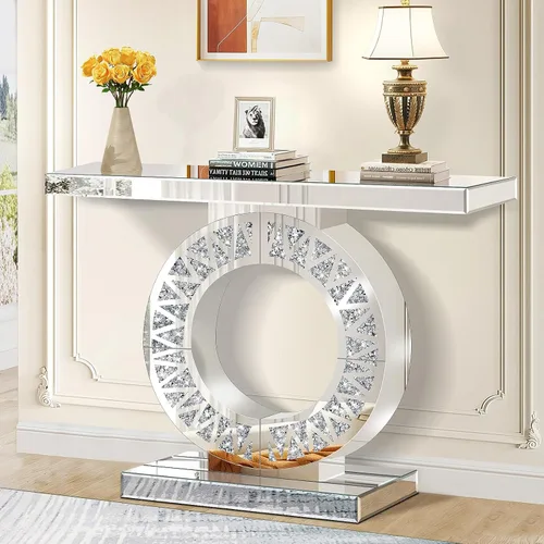 Miniatura 8 de Modernas mesas de consola de entrada con espejo con incrustaciones de diamante triturado dorado, mesa de pasillo plateada de 39.37 pulgadas de largo