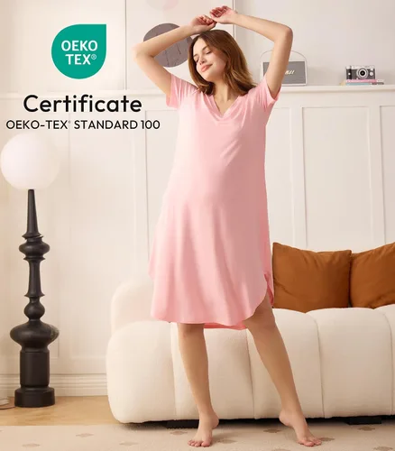 Miniatura 2 de NACHILA Camisones para mujer, viscosa hecha de bambú, cuello en V, manga corta, ropa de dormir fresca
