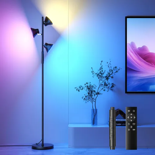 Miniatura 10 de SIBRILLE Lámpara de pie LED, lámpara de pie moderna de 36 W con control remoto y táctil, 4 temperaturas de color, lámpara de pie con 3 luces Negro