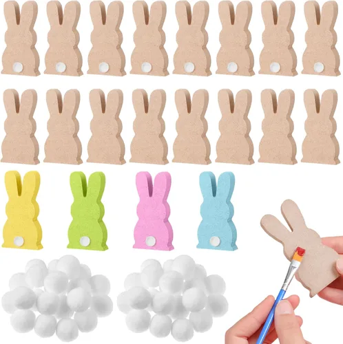 Sinmoe 40 piezas de madera de Pascua con recortes de conejito sin terminar con 22 bolas de fieltro blanco, etiquetas de madera de conejo en blanco