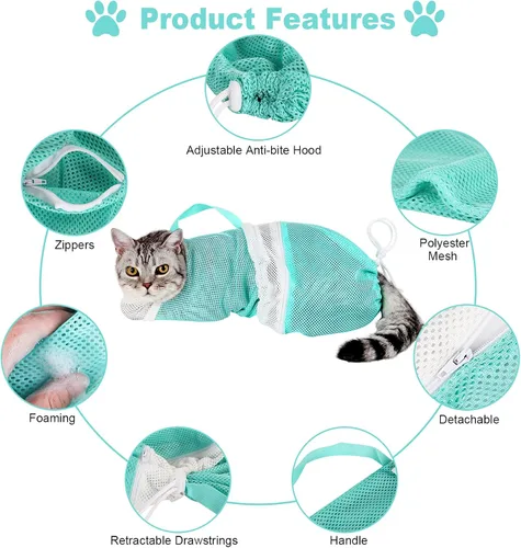 Miniatura 2 de Juego de 8 bolsas de baño para gatos con bolsa de red de ducha para gatos, cepillo ajustable para aseo de mascotas, cortaúñas, lima de uñas, peines