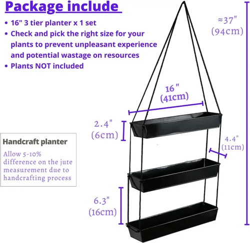 Miniatura 2 de LaLaGreen - Maceta escalonada de 16 pulgadas para plantas suculentas de interior, maceta rectangular moderna de metal negro de 3 niveles