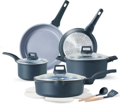 CAROTE Juego de 14 piezas de utensilios de cocina de cerámica, juego de ollas y sartenes antiadherentes con revestimiento cerámico, juegos de cocina