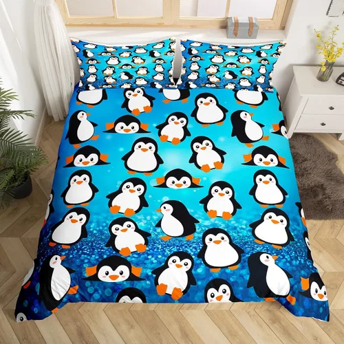 Miniatura 4 de Juego de funda de edredón de pingüinos de dibujos animados para niños, tamaño King, bonito juego de ropa de cama de animales de poste ártico