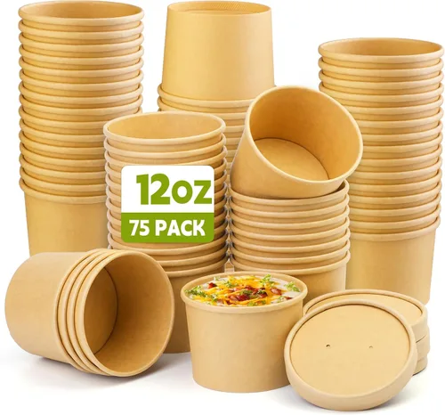 Miniatura 9 de Paquete de 50 recipientes de sopa con tapas, vasos desechables de 12 onzas con tapas, cuencos de papel para sopa con tapas, recipientes de sopa