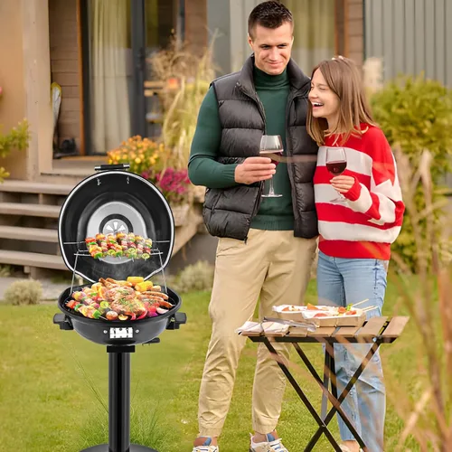Miniatura 8 de ROVSUN - Parrilla eléctrica vertical de 1600W con tapa, parrilla de acero inoxidable 304 negro con bandeja de goteo extraíble, diseño de doble capa