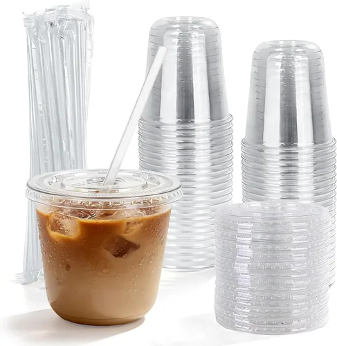 Miniatura 11 de Astomi Vasos de plástico desechables de 10 onzas, tazas de café helado transparentes con tapas y pajitas, vasos de plástico resistentes y seguros
