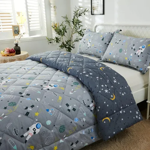 Brandream Juego de ropa de cama espacial para niños y niñas, 100% algodón, juego de edredón de cohete espacial y galaxia, 3 piezas, tamaño