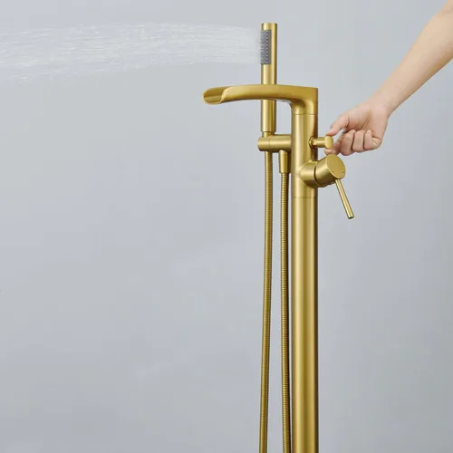 Miniatura 9 de Wowkk Grifo de bañera independiente en cascada de latón con mango único de latón cepillado con ducha de mano Oro cepillado